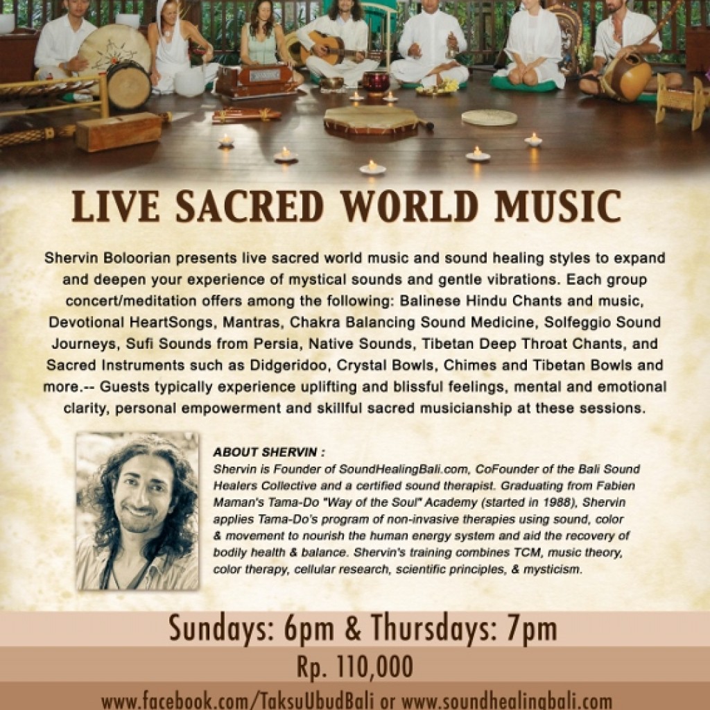 A Bali Sound Healers Collective Live Sacred World Music Event Flyer.